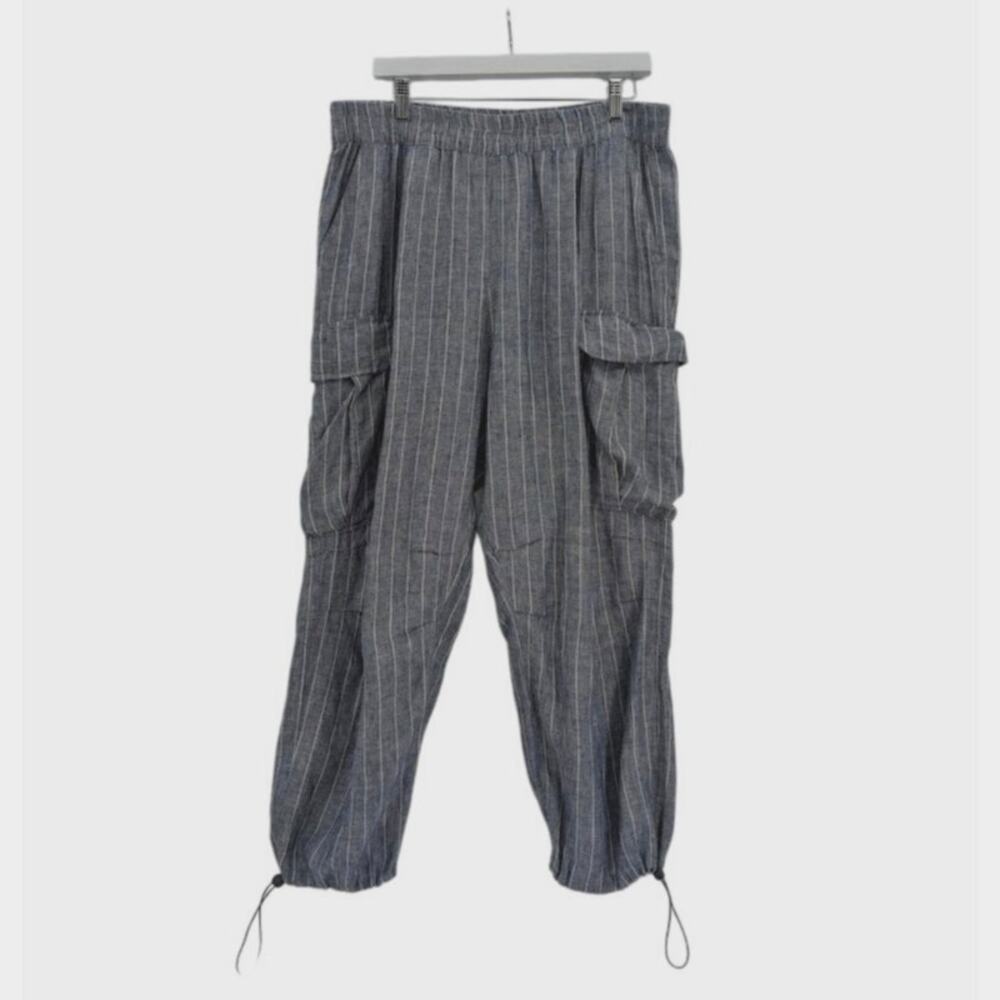 Lanhtropy‎ 100% Linen Striped Cargo Pants Blue White XL Baggy Lagenlook Coastal